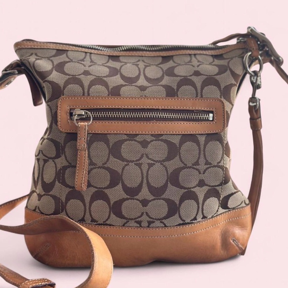 ✨ COACH Signature Shoulder Bag 9362 Canvas Leather Beige Brown✨Crossbody